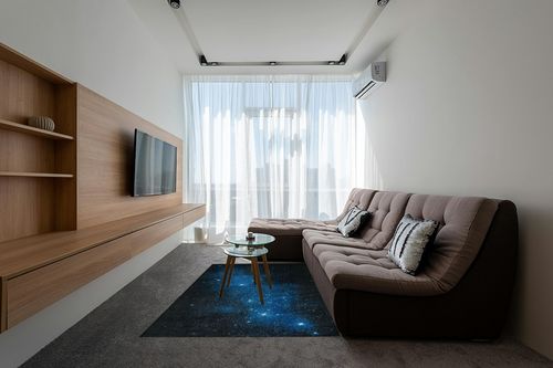 Mohawk Home Kids Playroom Boys Area Rug, Interstellar Blue (5' x 8') in Grey Living Room with Brown Couch