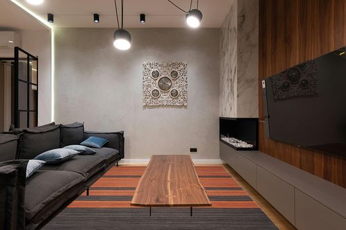 SAFAVIEH Kilim Collection Area Rug - 8' x 10', Dark Grey & Orange, Handmade Flat Weave Wool, Ideal for High Traffic Areas in Living Room, Bedroom (KLM952C) in Dark Wood Living Room with Black Couch