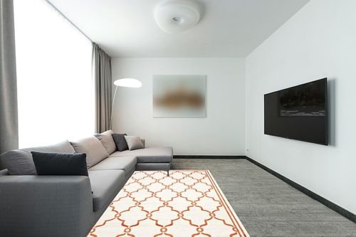 SAFAVIEH Amherst Collection Area Rug - 5'3" x 8', Beige & Orange, Trellis Design, Non-Shedding & Easy Care, Ideal for High Traffic Areas in Living Room, Bedroom (AMT414F) in Modern Living Room with Grey Couch