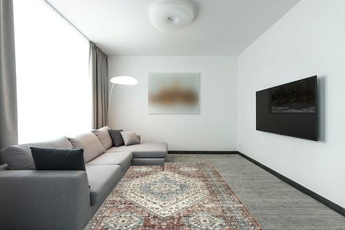 RUGSREAL Area Rug 6x9 Boho Medallion Area Rug Washable Distressed Entry Throw Rug Bohemian Indoor Rug Non-Slip Washable Low Pile Carpet for Entrance Living Room Bedroom Dining Table, Brown,6x9 in Modern Living Room with Grey Couch