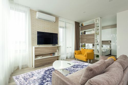 Auemtyn Washable Rug,8x10 Area Rug for Living Room, Rug with Anti-Slip Backing, Vintage Rug for Bedroom,Ultra-Thin Boho Farmhouse Rug for Home Decor(8'x10',Blue) in Light Modern Living Room with TV