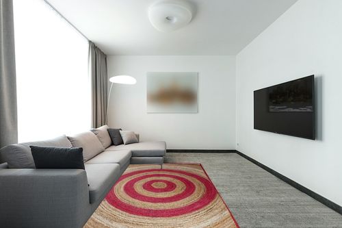 CASAVANI Collection Rectangular Area Rug - 5x8 Feet Pink Braided Jute Rug Geometric Kilim Rug Indoor Outdoor Use Carpet Flatweave Rugs for Bedroom Dining Room Living Room in Modern Living Room with Grey Couch