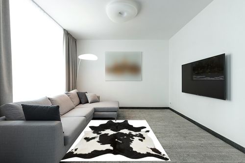 Black and White Cowhide Rug | Natural Cow Skin Cow Hide Leather Area Rug Hair On, 5 ft X 6 ft Premium Black White Shed Free Natural Hide in Modern Living Room with Grey Couch