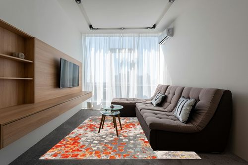 ‎Grey/Orange ‎Contemporary  ‎Living Room ‎Area Rug in Grey Living Room with Brown Couch
