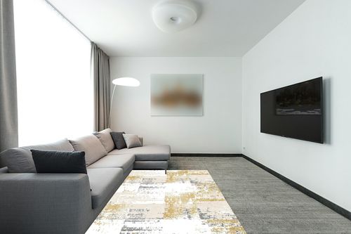 OIGAE Machine Washable Rug 5x7 - Low-Pile Area Rug Non-Shedding Foldable Abstract Modern Rugs, Stain Resistant Anti Slip Backing Rugs for Living Room&Bedroom&Dining Carpet Room Decor, Yellow in Modern Living Room with Grey Couch