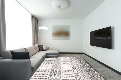 Art&Tuft 8x10 Area Rug, Super Soft Ultra-Thin Moroccan Washable Rug, Anti-Slip Backing Rugs for Living Room, Foldable Geometric Machine Washable Area Rug(8'x10', Black) in Modern Living Room with Grey Couch