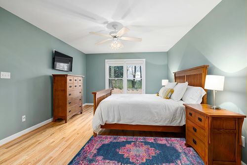 HomeRoots 4' X 6' Blue Power Loom Area Rug in Teal and Orange Wood Bedroom