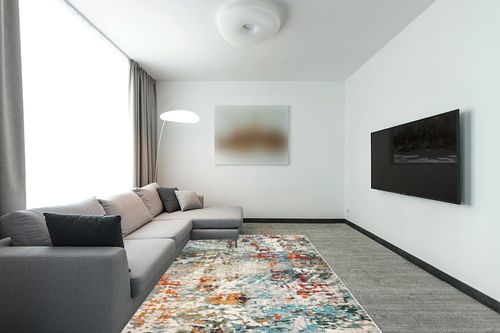 SAFAVIEH Madison Collection Area Rug - 6' x 9', Grey & Blue, Modern Abstract Design, Non-Shedding & Easy Care, Ideal for High Traffic Areas in Living Room, Bedroom (MAD471F) in Modern Living Room with Grey Couch