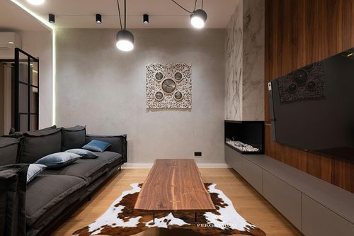 ecowhides 100% Genuine Brazilian Cowhide Rug - Tricolor, Brown, Black & White - Luxury Cowskin Leather Area Rug Decor, (X-Large) 7 x 6 ft in Dark Wood Living Room with Black Couch