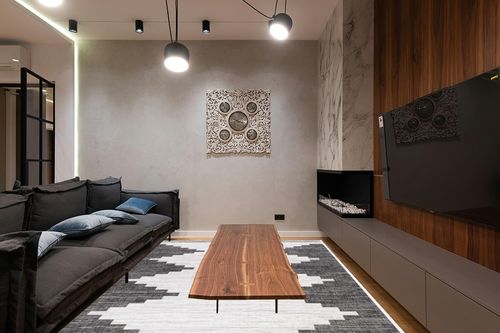 Hauteloom Djugun Outdoor Area Rug - Outside Porch Patio Rug Carpet - Waterproof Rug - Geometric - Black, Gray, Off White, White - 7'10" x 10'2" in Dark Wood Living Room with Black Couch