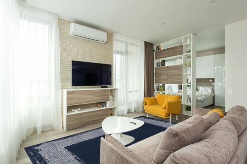 CAMILSON Navy Blue Area Rug 7'10" x 10', Easy-Cleaning Non-Shedding, Bordered for Living Room, Bedroom, Dining Room Navy Blue/Cream Indoor Area Rugs (8x10) in Light Modern Living Room with TV