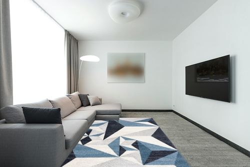 Abani Rugs Gray and Blue 6 ft. X 9 ft. Contemporary Area Rug with Geometric Triangles. Rectangular Area Rug. Turkish Stain Resistant Area Rug. in Modern Living Room with Grey Couch