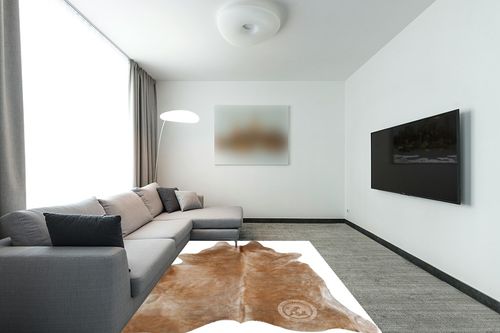 Genuine Palomino Beige Cowhide Rug 6 x 7-8 ft. 180 x 240 cm in Modern Living Room with Grey Couch