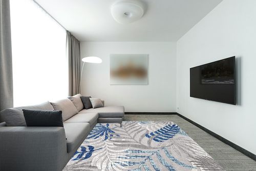 Gray/Blue Bohemian Indoor/outdoor Kitchen, Bedroom, Living Room, Patio, Dining Room Area Rug in Modern Living Room with Grey Couch