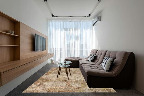 GENIMO Washable Area Rugs for Living Room Bedroom, 8x10 Modern Abstract Non Slip Rug, Low Pile Soft Contemporary Indoor Floor Carpet Cover for Dinning Room Kitchen, Orange in Grey Living Room with Brown Couch