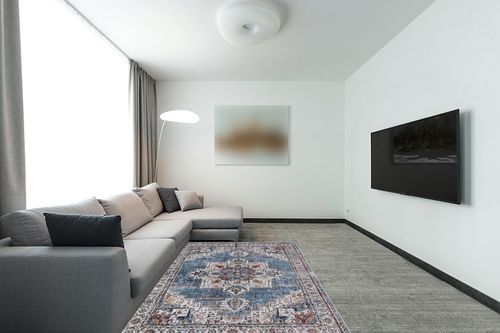 Area Rugs for Living Room: 5x7 Rug for Bedroom Machine Washable with Non Slip Backing Non Shedding, Boho Medallion Floral Large Carpet for Dining Room Nursery Home Office Indoor Decor Blue/Brown in Modern Living Room with Grey Couch