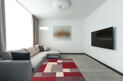 Modern Boxes Design Non-Slip (Non-Skid) Area Rug 5 X 7 (5' 3" X 7' 3") Red in Modern Living Room with Grey Couch