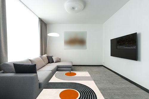 Mid-Century Modern Minimalist Circles and Lines Pattern Soft Wool Area Rug 6x9 Washable Boho Carpet for Living Room Bedroom No-Slip Thick Dining Room Rug Indoor Floorcover Mat in Modern Living Room with Grey Couch