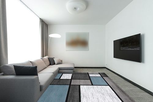 ‎Blue Stain-resistant ‎Kitchen, Bedroom, Living Room ‎Area Rug in Modern Living Room with Grey Couch