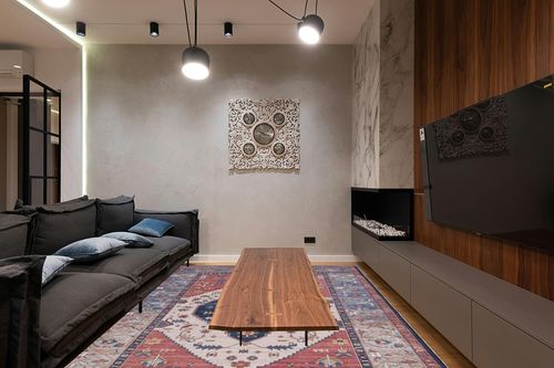 SAFAVIEH Tucson Collection Area Rug - 8' x 10', Rust & Blue, Traditional Persian Design, Non-Shedding Machine Washable & Slip Resistant Ideal for High Traffic Areas in Living Room, Bedroom (TSN153P) in Dark Wood Living Room with Black Couch