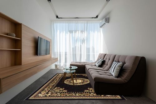 Home Dynamix Optimum Athens Area Rug 7'8" x10'4 , Updated Oriental Medallion, Black/Beige in Grey Living Room with Brown Couch