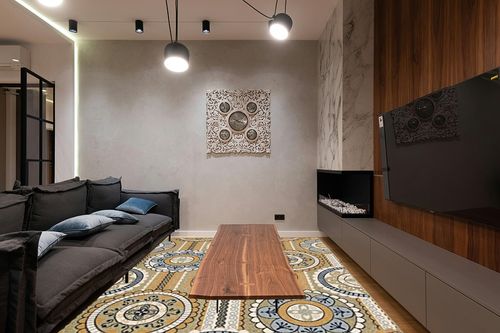 Nourison Caribbean Indoor Outdoor Area Rug, 7'10" x 10'6", Yellow in Dark Wood Living Room with Black Couch