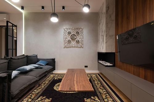 Home Dynamix Optimum Athens Area Rug 7'8" x10'4 , Updated Oriental Medallion, Black/Beige in Dark Wood Living Room with Black Couch