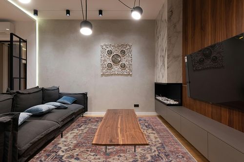 Bloom Rugs Washable 8' x 10' Rug - Beige/Terracotta Traditional Area Rug for Living Room, Bedroom, Dining Room, and Kitchen - Exact Size: 8' x 10' in Dark Wood Living Room with Black Couch