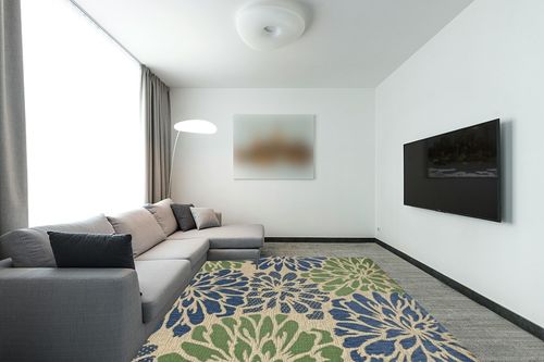 JONATHAN Y SMB110B-8 Zinnia Modern Floral Textured Weave Indoor Outdoor Area-Rug Bohemian Coastal Easy-Cleaning Bedroom Kitchen Backyard Patio Non Shedding, 8 X 10, Navy/Green in Modern Living Room with Grey Couch
