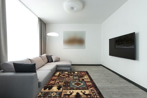 ‎Brown ‎Rustic ‎Fade Resistant, Stain Resistant ‎Kitchen, Bedroom ‎Area Rug in Modern Living Room with Grey Couch