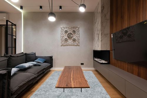 MAYSHINE Basics - 6'x9' - 100% Felt - Premium Comfort Rug Pad - Also Available with Non Slip Option - Safe for Hardwood Floors and All Surfaces in Dark Wood Living Room with Black Couch