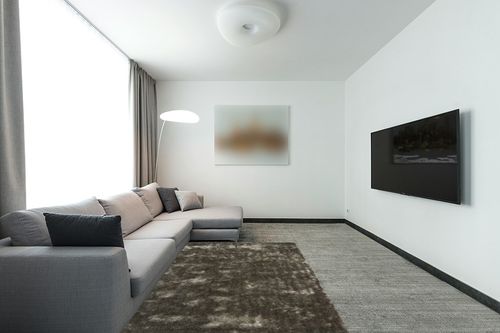 Paris Shag Collection 5' x 7' Silver in Modern Living Room with Grey Couch