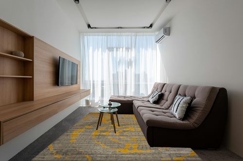 SAFAVIEH Porcello Collection Area Rug - 8'2" x 11', Light Grey & Yellow, Modern Abstract Design, Non-Shedding & Easy Care, Ideal for High Traffic Areas in Living Room, Bedroom (PRL7735C) in Grey Living Room with Brown Couch