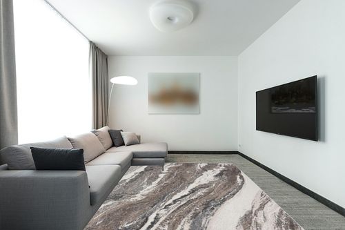 Blue Art Deco Stain Resistant Kitchen, Dining Room Area Rug in Modern Living Room with Grey Couch