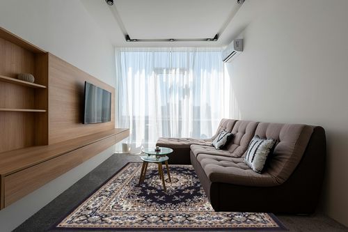 Home Dynamix Premium Sakarya Traditional Medallion Border Area Rug, Navy Blue, 7'8"x10'7" Rectangle in Grey Living Room with Brown Couch
