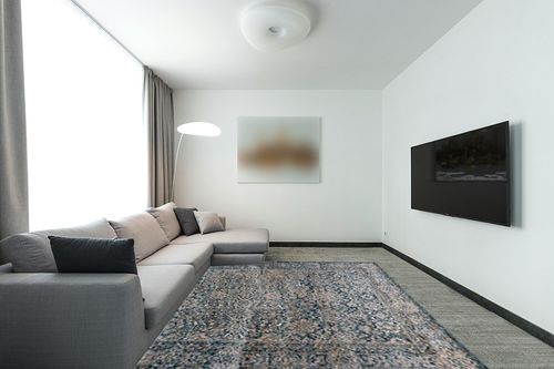 SAFAVIEH Valencia Collection Area Rug - 8' x 10', Blue, Vintage Oriental Design, Non-Shedding & Easy Care, Ideal for High Traffic Areas in Living Room, Bedroom (VAL570M) in Modern Living Room with Grey Couch