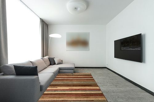 SUPERIOR Indoor Area Rug, Jute Backed Modern Floor Decor for Home Hallway, Living Room, Office, Kitchen, Dining, Bedroom, Abstract Lines, Fulgor Collection, Maroon, 5' x 8' in Modern Living Room with Grey Couch
