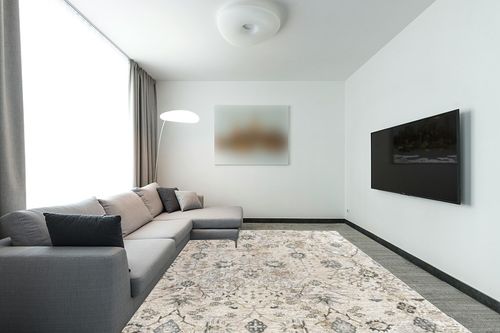 Hauteloom Claydon Moroccan Farmhouse Living Room Bedroom Dining Room Area Rug - Bohemian Neutral Style - Traditional, Oriental, Persian - Beige, Brown, Cream - 9' x 12'2" in Modern Living Room with Grey Couch