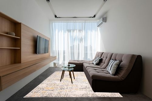 Rugshop Geometric Boho Perfect for high Traffic Areas of Your Living Room,Bedroom,Home Office,Kitchen Area Rug 7'10" x 10' Yellow in Grey Living Room with Brown Couch