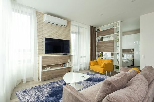 Eyely PDM403D-8 Modern Rosalia Cottage Medallion Indoor Area Rug Bohemian;Traditional;Vintage, Bedroom, Kitchen, Living Room, Easy-Cleaning, Non-Shedding, 8 X 10, Navy/Ivory in Light Modern Living Room with TV