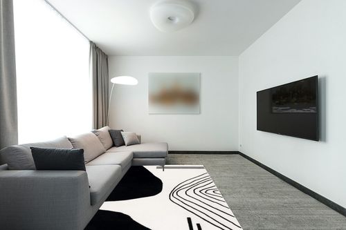 Safavieh Rodeo Drive Collection Area Rug - 5' x 8', Ivory & Black, Handmade Mid-Century Modern Abstract Wool, Ideal for High Traffic Areas in Living Room, Bedroom (RD860B) in Modern Living Room with Grey Couch