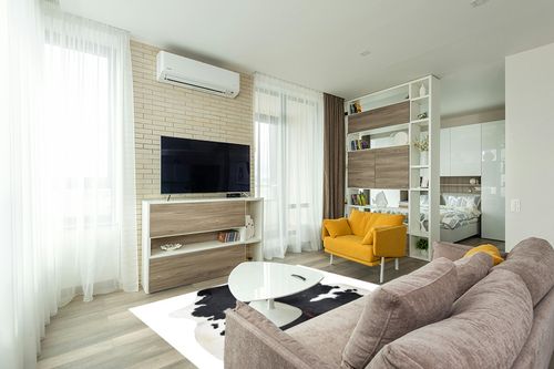 HIDES BAZAAR Dark Tricolor Cowhide Rug, Premium Quality Genuine Leather Cow Hide, Dark Brown, Black and White Area Rug (6x7 ft) in Light Modern Living Room with TV