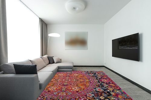 New Marlboro Oriental Bohemian Living Room Bedroom Area Rug - Persian Vintage Medallion Look - Floral Boho Carpet - Bright Colorful - Purple, Red, Orange, Pink - 7'10" x 10' in Modern Living Room with Grey Couch