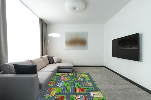 LTKOUGFAM Kids Carpet Playmat, Rug for Playroom, Mat, Kids Play Rugs Town City Road Map Rug, Extra Large Boys, Track Play Rug Bedroom, Living Room, 78.7X 59 Inch in Modern Living Room with Grey Couch