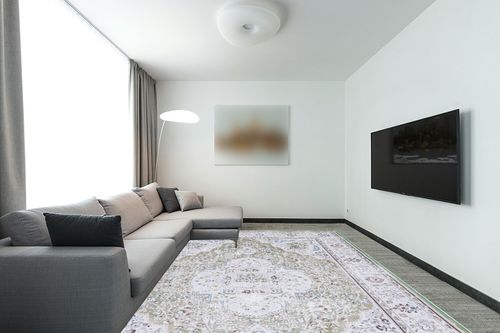 SAFAVIEH Tucson Collection Area Rug - 9' x 12', Green & Beige, Persian Design, Non-Shedding Machine Washable & Slip Resistant Ideal for High Traffic Areas in Living Room, Bedroom (TSN136Y) in Modern Living Room with Grey Couch