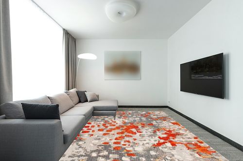 SAFAVIEH Madison Collection Area Rug - 9' x 12', Grey & Orange, Boho Abstract Distressed Design, Non-Shedding & Easy Care, Ideal for High Traffic Areas in Living Room, Bedroom (MAD425H) in Modern Living Room with Grey Couch
