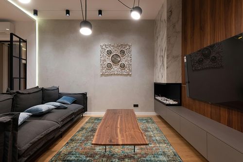Loloi II Skye SKY-07 Terracotta / Sky Area Rug 6' x 9' in Dark Wood Living Room with Black Couch