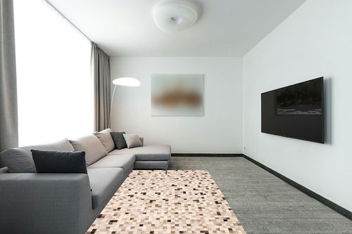 eCarpet Gallery Hand-Knotted | Area Rug for Living Room, Bedroom | Cowhide Patchwork Accent Grey Rug 4'10" x 6'8" | 350505 in Modern Living Room with Grey Couch