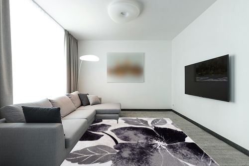 CAMILSON Solana Modern Floral 7'10" x 10'3" Area Rugs Non-Skid (Non-Slip) Rubber Backing Black - Gray Flowers Indoor Rug (8x10, Black Grey) in Modern Living Room with Grey Couch