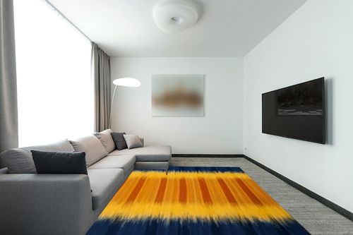 SAFAVIEH Kilim Collection Area Rug - 8' x 10', Dark Blue & Yellow, Handmade Flat Weave Wool, Ideal for High Traffic Areas in Living Room, Bedroom (KLM821B) in Modern Living Room with Grey Couch